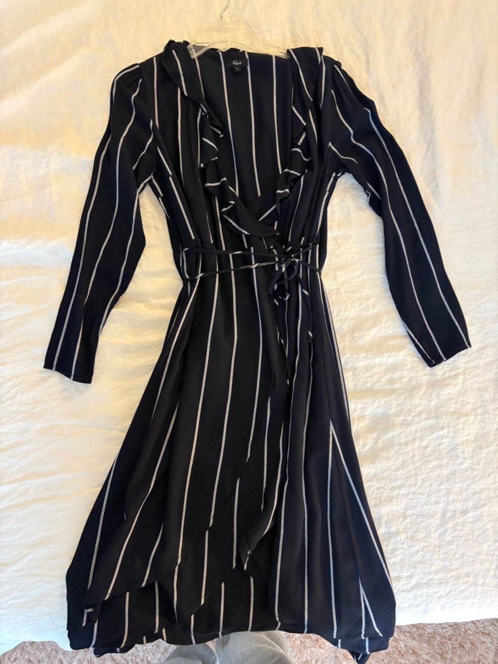 Rails Navy and White Striped Wrap Dress with Ruffle V-Neck